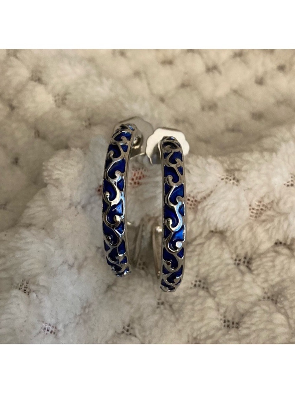 Silver-Tone Blue Enamel Filigree Hoop Earrings - Women Jewelry